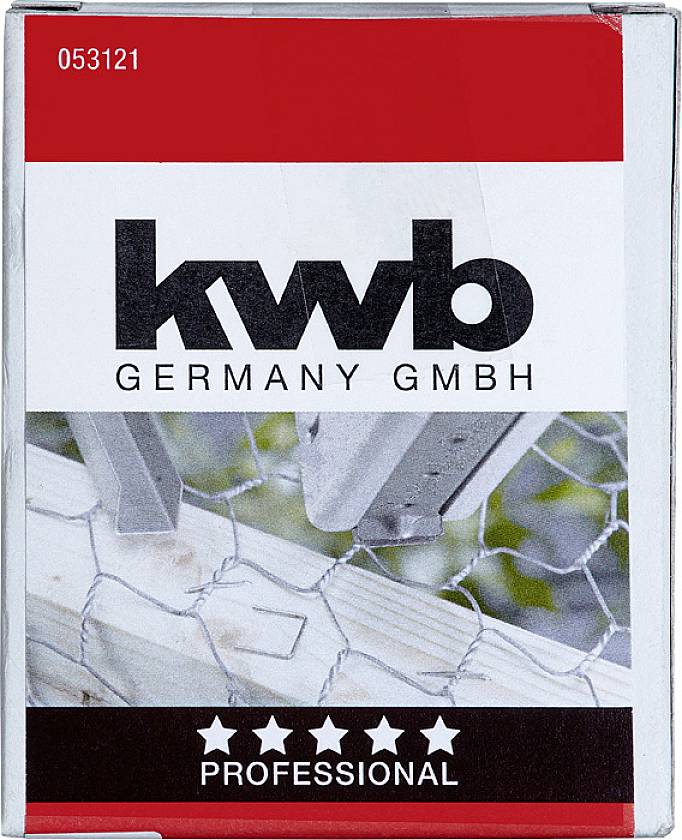 Verpackung von 'kwb GERMANY GMBH' mit Bild von Drahtgeflecht und Holz. Enthält Produktkennung '053121' und fünf Sterne mit dem Wort 'PROFESSIONAL'.