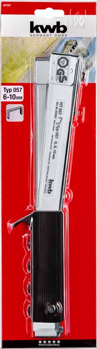 Heftgerät 'kwb Typ 057', geeignet für Heftklammern von 6-10 mm. Verpackung mit rotem Hintergrund und Produktabbildung.