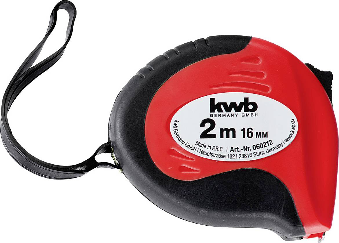 Rotes und schwarzes Maßband von KWB, 2 Meter Länge, 16 mm Breite, mit Handschlaufe.