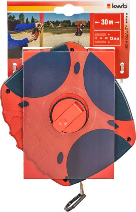 Handmaßband in rot-schwarzem Gehäuse mit 30-Meter Länge, Verpackung zeigt Bild von Person beim Holzvermessung.