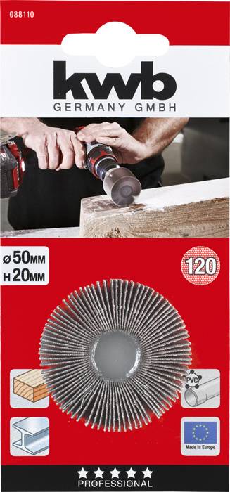 'Schleifvlies-Lamellenscheibe KWB, 50 mm Durchmesser, für Holz und PVC. Set aus 120 Scheiben, geeignet für professionelle Anwendungen.'