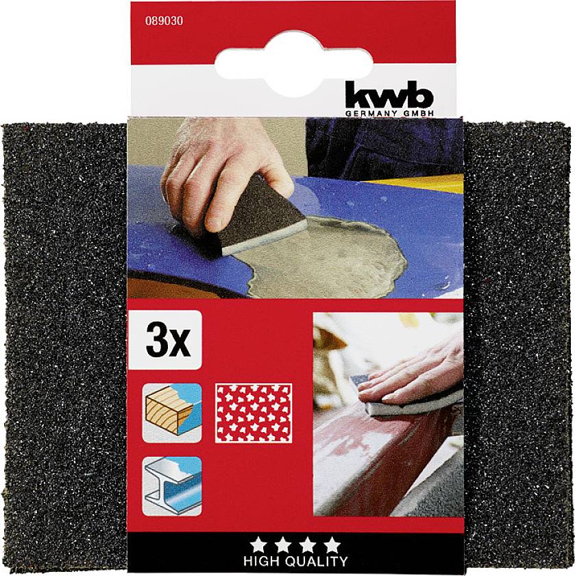 'Schleifschwamm 3x' von KWB. Abbildung zeigt Hand beim Schleifen einer blauen Oberfläche. Geeignet für verschiedene Materialien.
