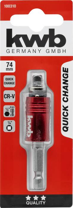 Eine rote 'KWB Germany GmbH' Stecknuss mit 1/4" Sechskantantrieb in einer Verpackung. Text: 'Quick Change', 'CR-V', 'Quality'.