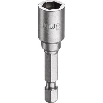 Acht-Millimeter-Bit-Steckschlüssel aus Metall in Nahaufnahme. Geeignet für Sechskantschrauben. Produktabbildung.