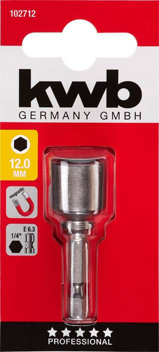 'Kwb Germany GmbH' Stecknuss-Adapter, 12 mm, silber, 1/4'' E 6.3. Verpackung zeigt Produktbild, Markennamen und technische Details.
