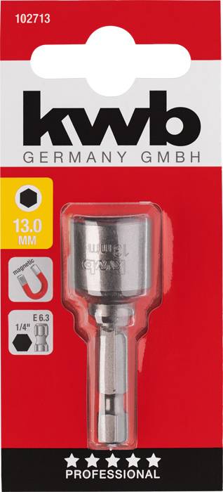 'kwb Germany GmbH' Stecknuss-Adapter 13 mm auf rotem Hintergrund. Eignet sich für Magnetnüsse, 1/4"-Sechskantaufnahme, für professionelle Nutzung.