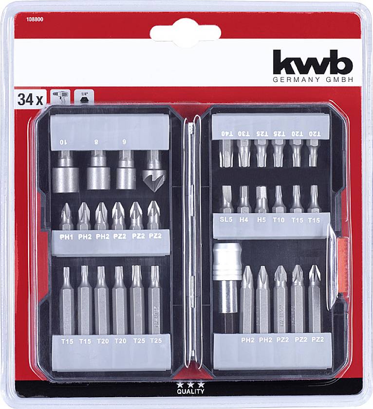 Schraubendreher-Bit-Set mit 34 Teilen, inklusive verschiedener Kreuz- und Torx-Bits; Verpackung zeigt „kwb Germany GmbH“.