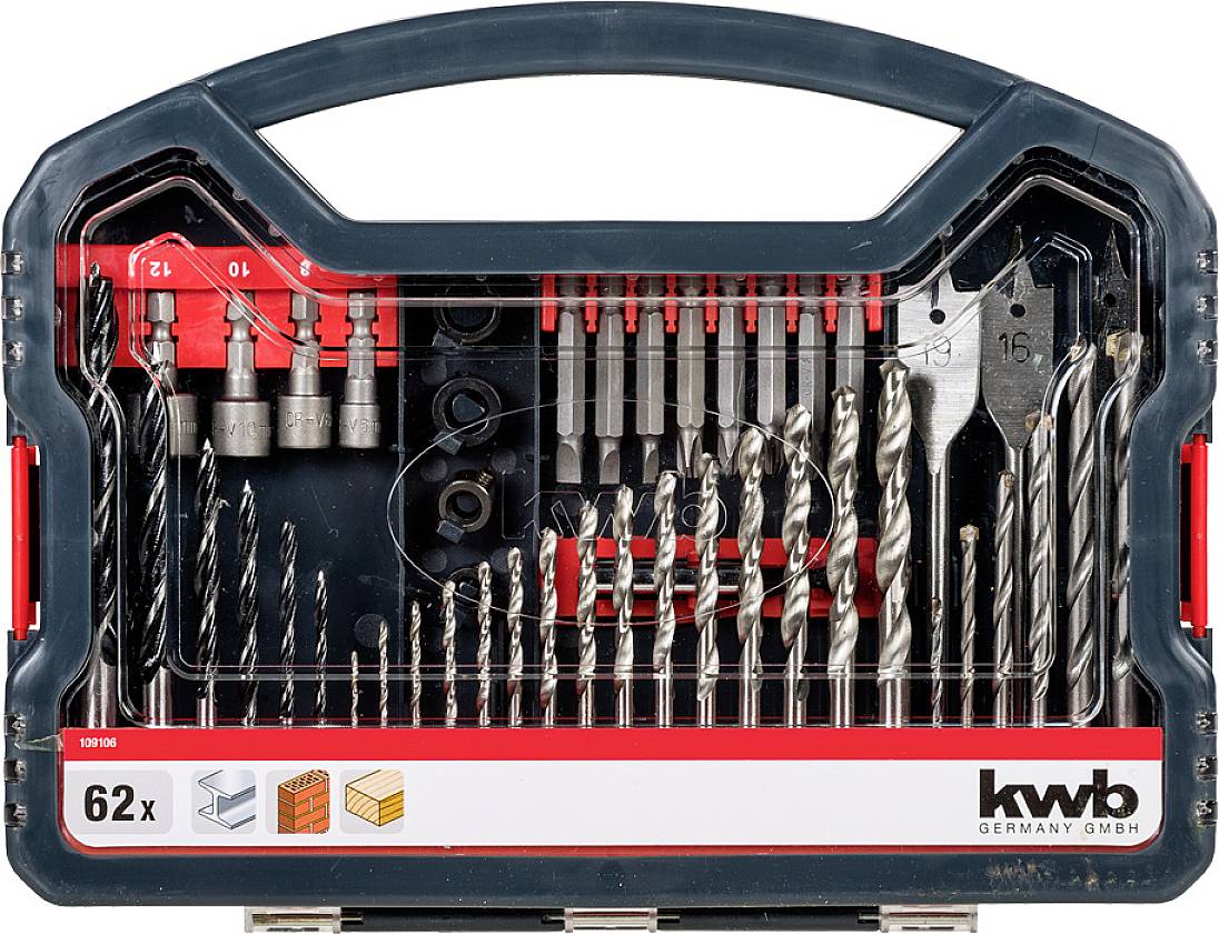 Bohrer-Set in Kunststoffkoffer, 62-teilig, enthält diverse Spiral- und Flachbohrer. Markenlogo 'kwb Germany GmbH' unten rechts aufgedruckt.