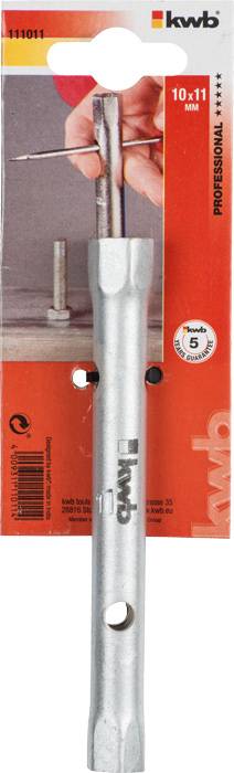 Werkzeugaufsatz in Verpackung, Marke 'kwb Professional', Größenangabe '10 x 11 mm', Anwendung für Schrauben in Wandillustration gezeigt.