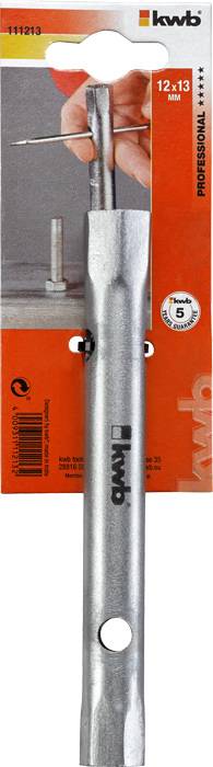 Ein silberner Ringschlüssel der Marke 'kwb', Größe 12x13 mm, auf einer Produktverpackung. Eine Hand hält den Schraubenschlüssel über einer Schraube.
