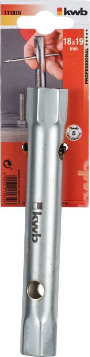 Verpackung eines KWB-Steckschlüssels, 18 x 19 mm, aus Metall. Bild zeigt Werkzeug in Anwendung. Orange Hintergrund mit Logo.