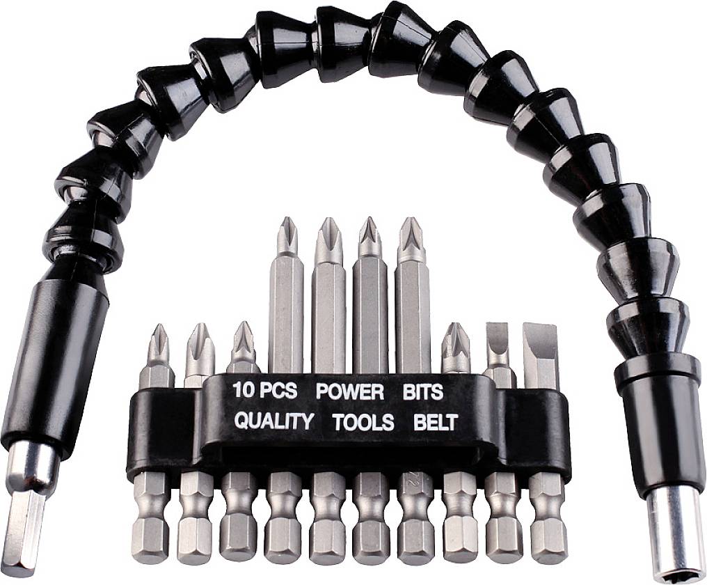 Ein Set von zehn verschiedenen Schraubendreher-Bits mit flexiblem Verlängerungsaufsatz. Ideal für schwer zugängliche Stellen.
