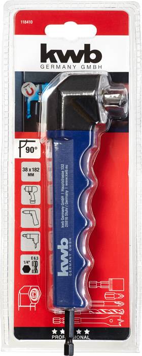 'KWB Winkelbohrer' in roter Verpackung. Zeigt Anwendungsbeispiele und Dimensionen: 90 Grad, 38 x 182 mm.