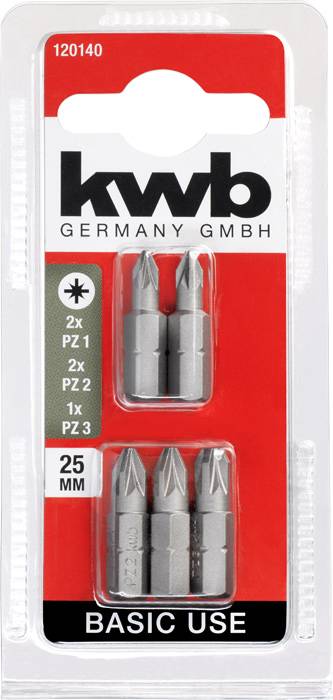 'Verpackung mit 6 Schraubendrehern für PZ1, PZ2 und PZ3, 25 mm. Markenlogo oben. Beschriftung 'BASIC USE'.'