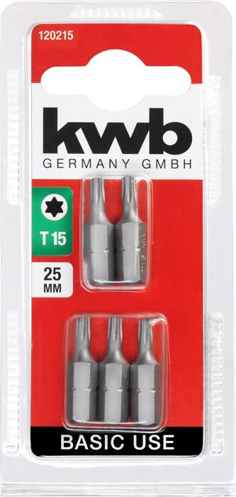 Verpackung mit vier Bits, Größe T15, 25 mm, Marke 'kwb Germany GmbH', für grundlegenden Gebrauch.