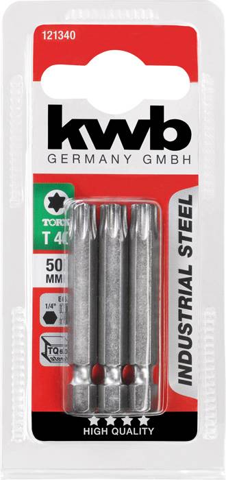 Drei Torx-Schrauberbits T40, 50 mm Länge, von KWB in einer Verpackung mit roten und weißen Elementen, gekennzeichnet als 'Industrial Steel'.