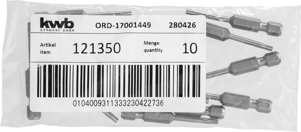 Eine Tüte mit fünf Schraubendrehereinsätzen. Etikett zeigt 'Artikel 121350', 'Menge 10', Barcode und 'kwb GERMANY GMBH'.