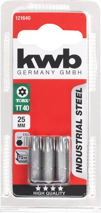 Verpackung von KWB Torx-Bits TT 40, 25 mm. Enthält drei Bits aus Industrie-Stahl, geeignet für genaue Schraubarbeiten.