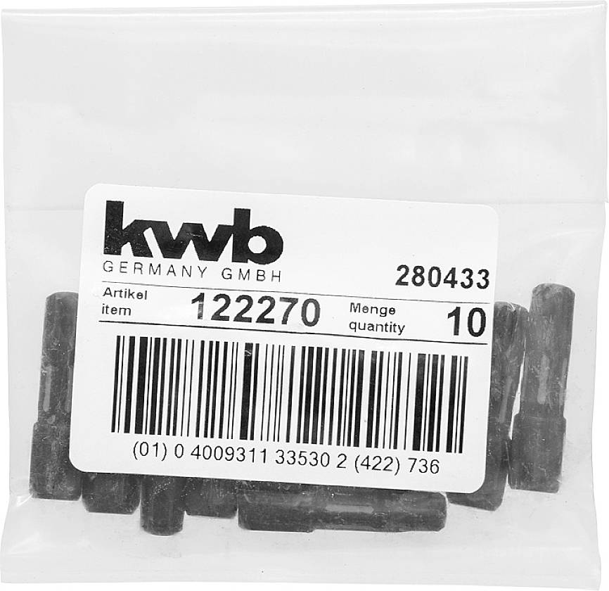 Eine durchsichtige Tüte mit zehn schwarzen Teilen. Etikett mit 'kwb GERMANY GMBH', Artikelnr. '122270' und Menge '10'.