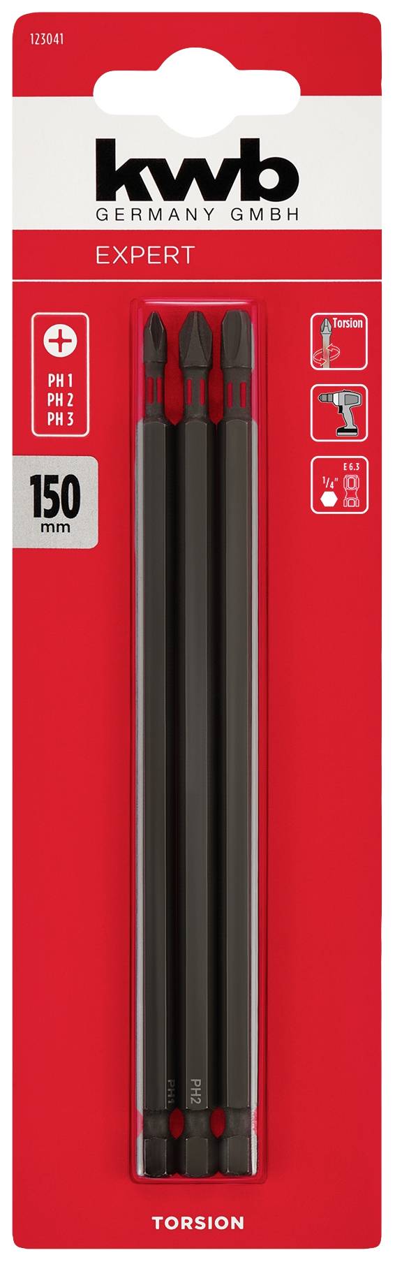 Drei schwarze Schraubendreherbits der Marke kwb, Größe PH1 bis PH3, auf rotem Hintergrund. Geeignet für Bohrmaschinen, 150 mm lang.