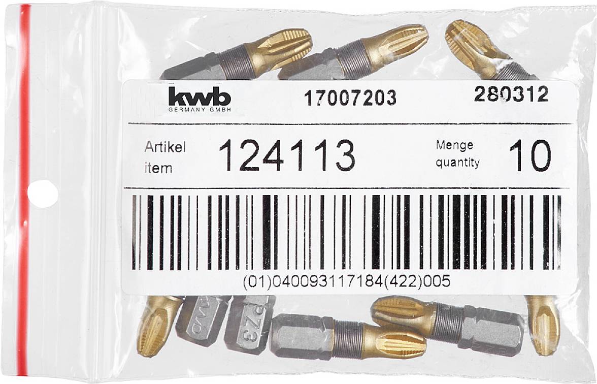 Tüte mit goldfarbenen Schraubendrehereinsätzen. Barcode zeigt Artikelnummer '124113', Menge '10'.