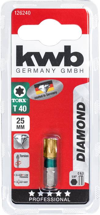 'KWB Professional' Torx T40 Bit, 25mm, diamantbeschichtet, für hohe Torsion. Verpackung zeigt Herstellerlabel 'Made in Germany'.