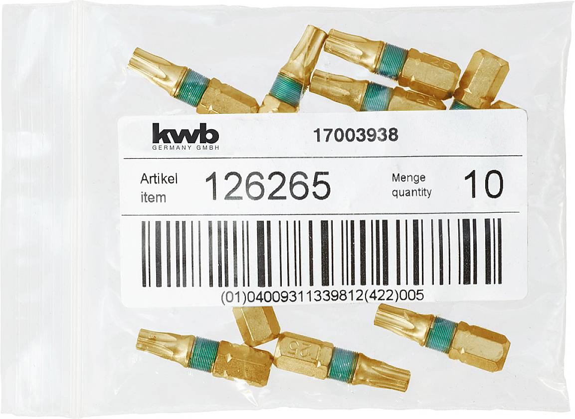 Plastiktüte mit zehn goldenen und grünen Steckverbindern. Etikett zeigt Artikelnummer '126265' und Menge '10'.