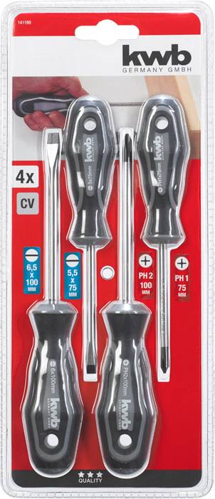 'kwb Germany GmbH' Schraubendreher-Set, 4-teilig, mit verschiedenen Spitzen und Größen, verpackt in einer Kunststoffhülle.
