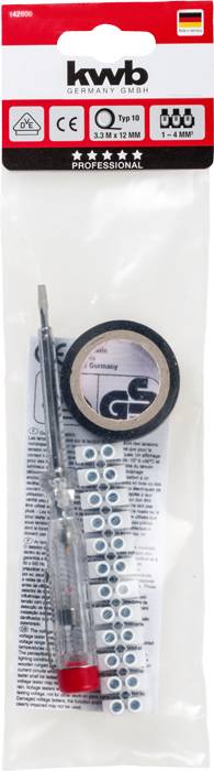 Verpackung eines Phasenprüfers der Marke kwb. Beinhaltet einen Schraubendreher mit transparentem Griff und Tester für elektrische Spannung.
