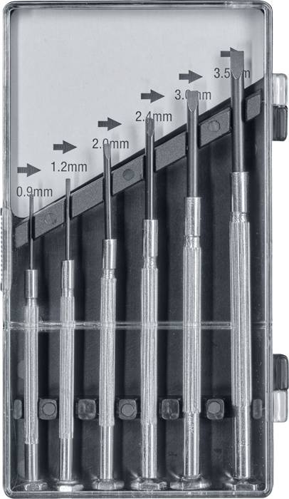 'Satz mit sechs Schraubendrehern in einer transparenten Box, unterschiedlich groß mit Größenangaben von 0,9 mm bis 3,5 mm.'