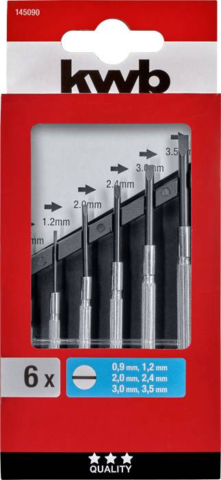 Packung mit 6 Schraubendrehern in verschiedenen Größen von 0,9 mm bis 3,5 mm, geeignet für feine Arbeiten.