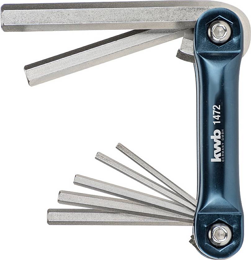 Multifunktionswerkzeug mit mehreren ausklappbaren Inbusschlüsseln in unterschiedlichen Größen, kompakt zusammengeklappt.