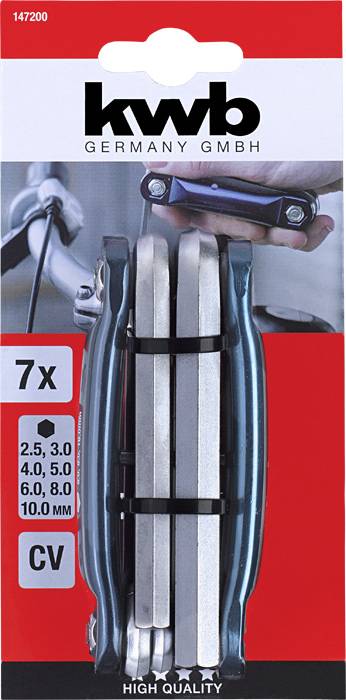 'KWB Werkzeugset bestehend aus 7 Inbusschlüsseln (2,5 bis 10 mm), kompakt gefaltet. Verpackungsdesign mit Firmenlogo für hohe Qualität.'