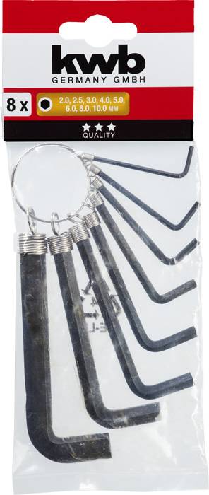 Ein Set von acht schwarzen Inbusschlüsseln in verschiedenen Größen, auf einem Metallring befestigt. Verpackung mit der Aufschrift 'kwb Germany GmbH'.