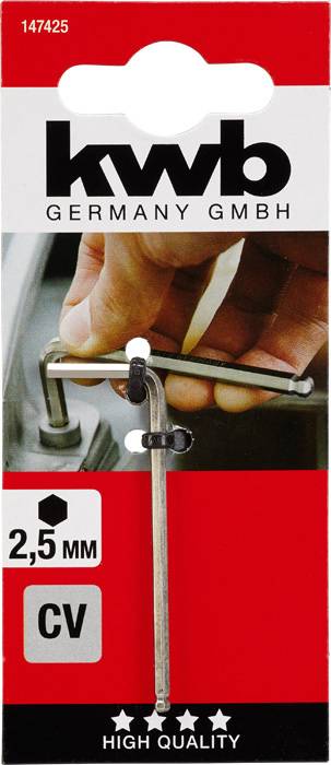 'Verpackung eines 2,5 mm Inbusschlüssels der Marke kwb, Germany GmbH. Hochwertig, CV-Stahl, Abbildung zeigt Nutzung des Werkzeugs.'