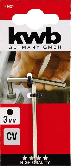 Verpackung eines 3 mm Inbusschlüssels der Marke 'kwb Germany GmbH', zeigt das Werkzeug und eine Hand, die es benutzt.