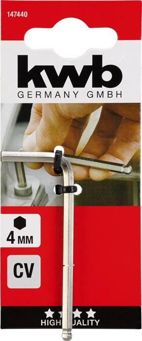 'KW Germany GmbH 4mm CV Inbusschlüssel' auf roter Verpackung, Bild zeigt Hand, die Werkzeug benutzt. Label: 'High Quality'.