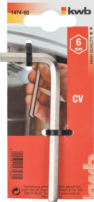 Ein 6 mm Inbusschlüssel wird in einer Verpackung von 'kwb' präsentiert.