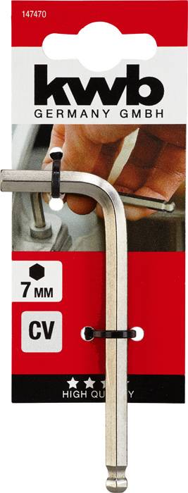 Inbusschlüssel mit '7 mm' und 'CV' Markierung eingepackt, über rotem Hintergrund. Oben steht 'kwb Germany GmbH'.
