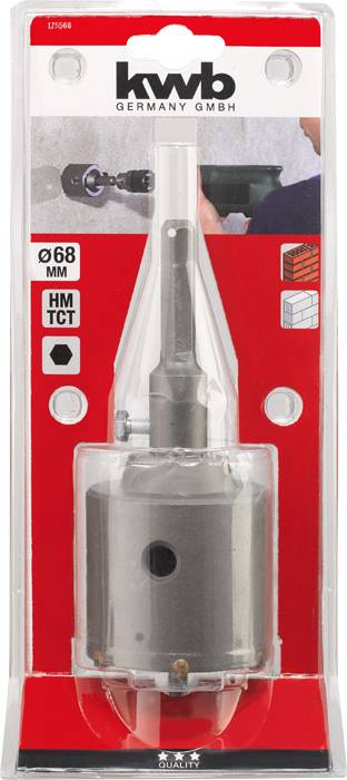 Bohrer-Set von kwb in einer Kunststoffverpackung. Aufdrucke: 'Ø 68 mm'. Geeignet für Steinmaterialien.