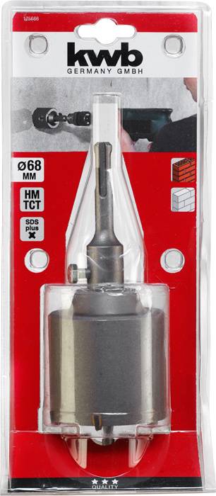 Verpackung einer KWB Lochsäge, Durchmesser 68 mm, mit SDS-Plus-Aufnahme für Bohrmaschinen. Geeignet zum Bohren in Mauerwerk.