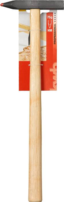 Holzgriffhammer mit grauem Kopf und rotem Einsatz, vor einer roten Verpackung mit der Aufschrift '75g HM Professional'.