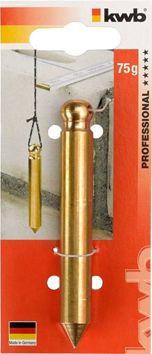 Maßband mit 75g Gewicht, geeignet zur genauen vertikalen Ausrichtung bei Bauarbeiten. Verpackung zeigt Beispielverwendung an einer Wand.