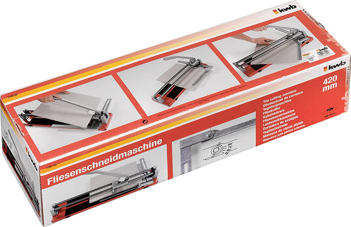 Packung mit einer Fliesenschneidmaschine, 420 mm. Zeigt Bild eines Werkzeugs, Text auf verschiedenen Sprachen und Markendesign.