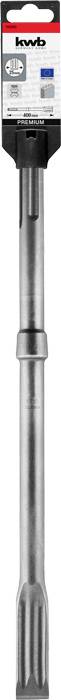 Langer SDS-max-Flachmeißel von bwd in grauer Metalloptik. Geeignet für Betonarbeiten, verpackt in schwarzem und rotem Etikett.