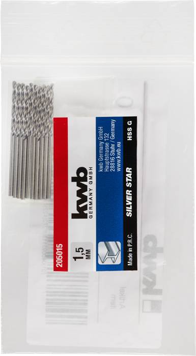 Packung mit 1,5 mm Metallbohrern der Marke 'kwb Germany GmbH', Modell 'Silver Star', mit 25 Stück. Hergestellt in Deutschland.
