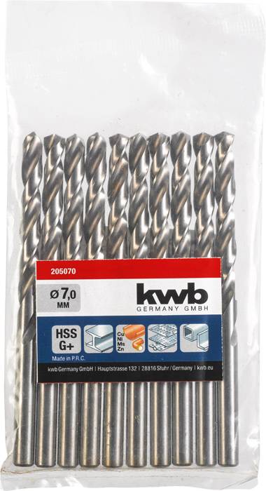 Ein Set von Metallbohrern der Marke 'kwb Germany', hergestellt in China, 7,0 mm Durchmesser, geeignet für unterschiedlichste Anwendungen.