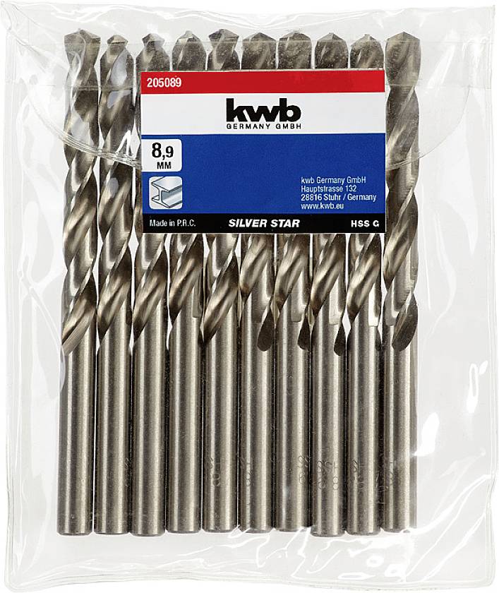 'Ein Set von 10 Metallbohrern, 8,9 mm, in einer klaren Plastiktüte mit einem rot-blau-weißen Etikett der Marke KWB.'