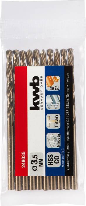 'Bohrer-Set aus Titan beschichtet, Durchmesser 3,5 mm, geeignet für Metallbearbeitung, enthält 8 Stück, Verpackung von kwb Germany.'