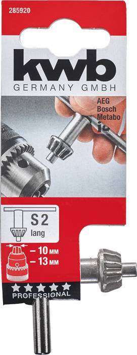 'KWB Deutschland GmbH' Schlüssel für Bohrfutter, kompatibel mit AEG, Bosch, Metabo. Verpackung zeigt den Schlüssel und Bohrmaschine.